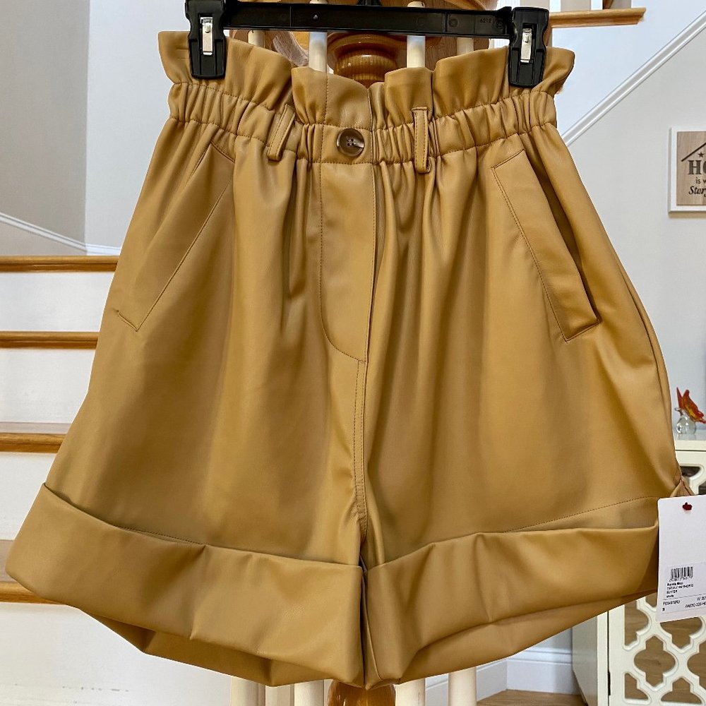 The Frankie Shop High-Waist Paperbag Shorts in Camel